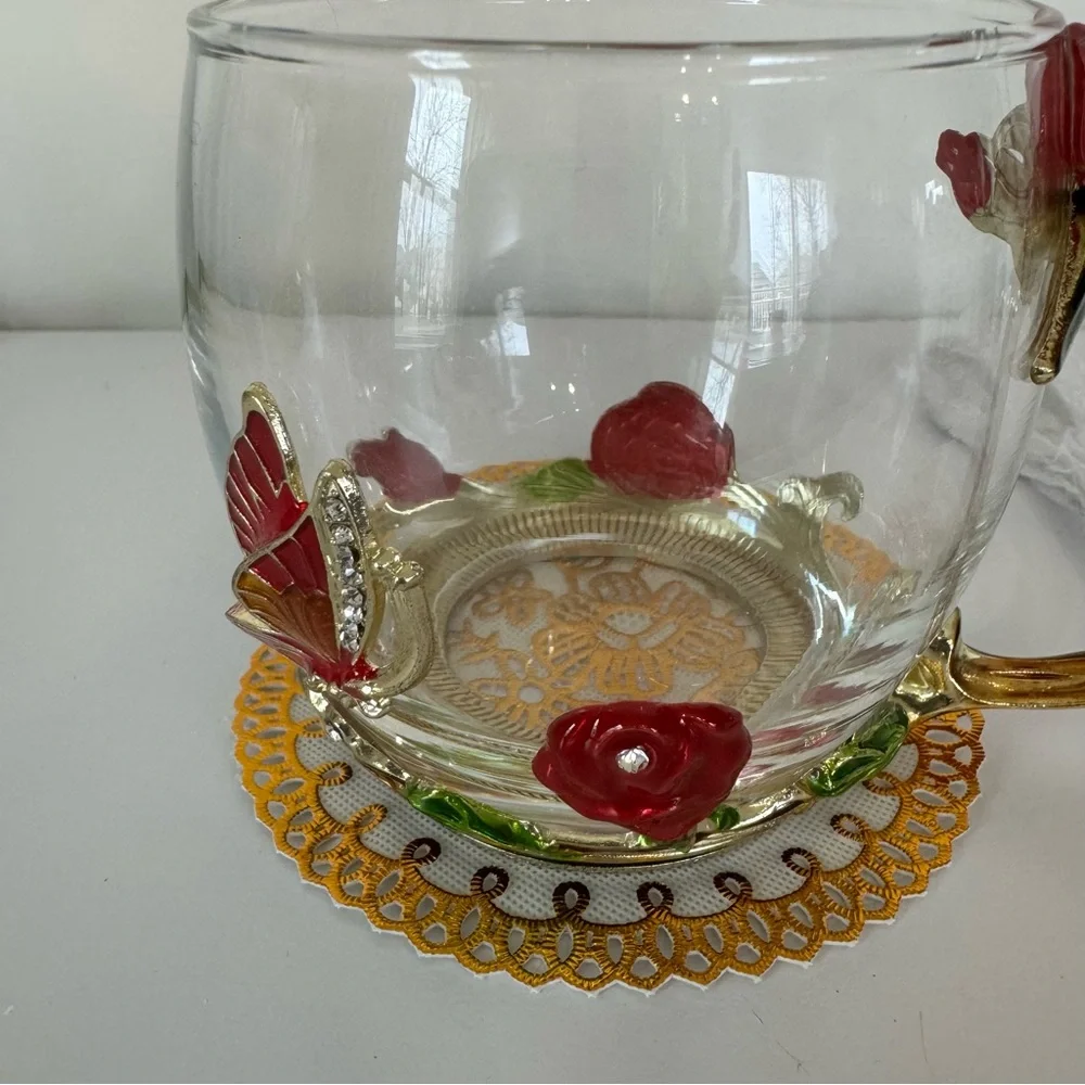 Rose and Butterly, Enamel, Glass Coffee/Tea Cup with Embellished Spoon